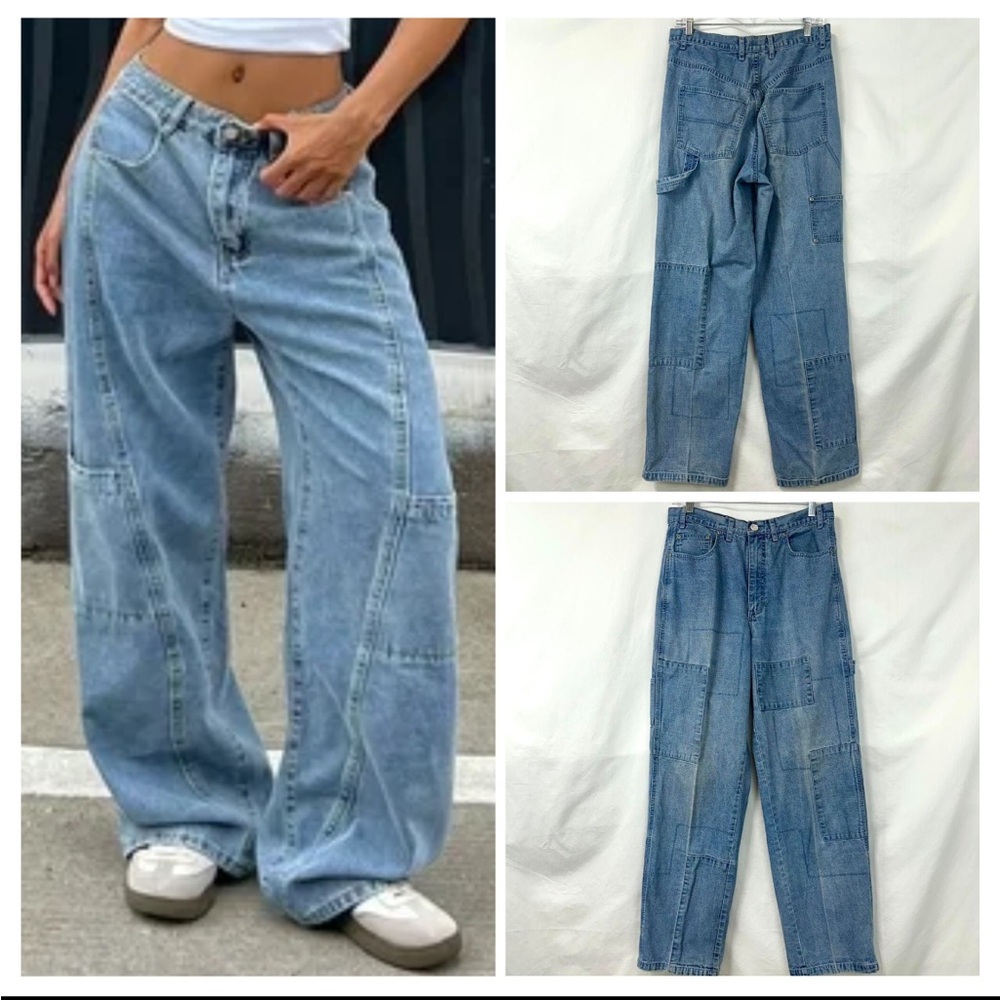 NO BOUNDARIES 2000s Y2K Blue Patchwork Baggy Wide Leg Jeans Skater size: 32 GUC.